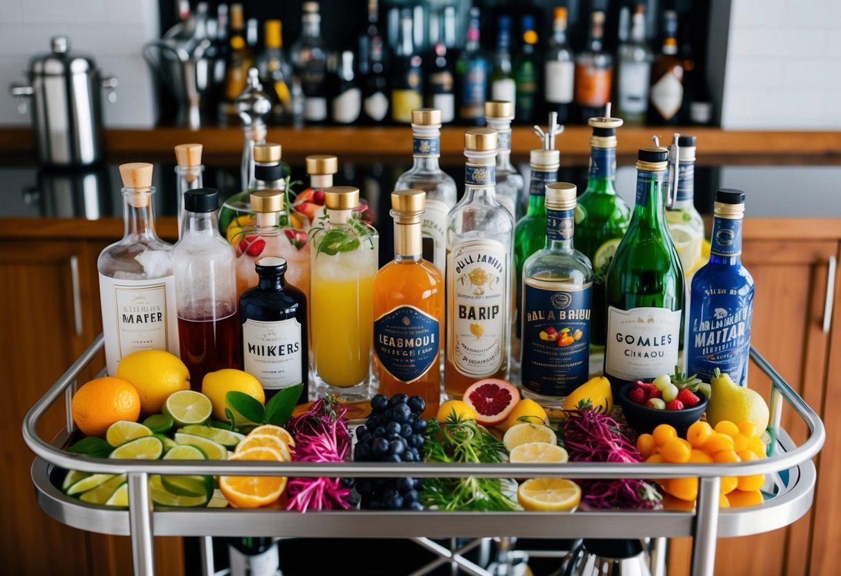 A well-organized bar cart with an array of colorful garnishes, fresh fruits, and various mixers neatly arranged on shelves and in decorative glass bottles