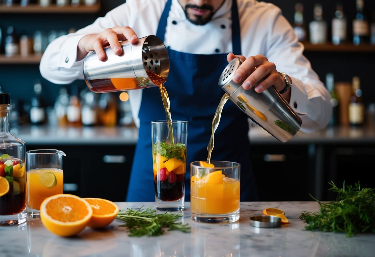 A mixologist expertly combines various ingredients, carefully measuring and pouring liquids into a cocktail shaker. The vibrant colors and aromas of fruits, herbs, and spirits fill the air, creating a sensory experience