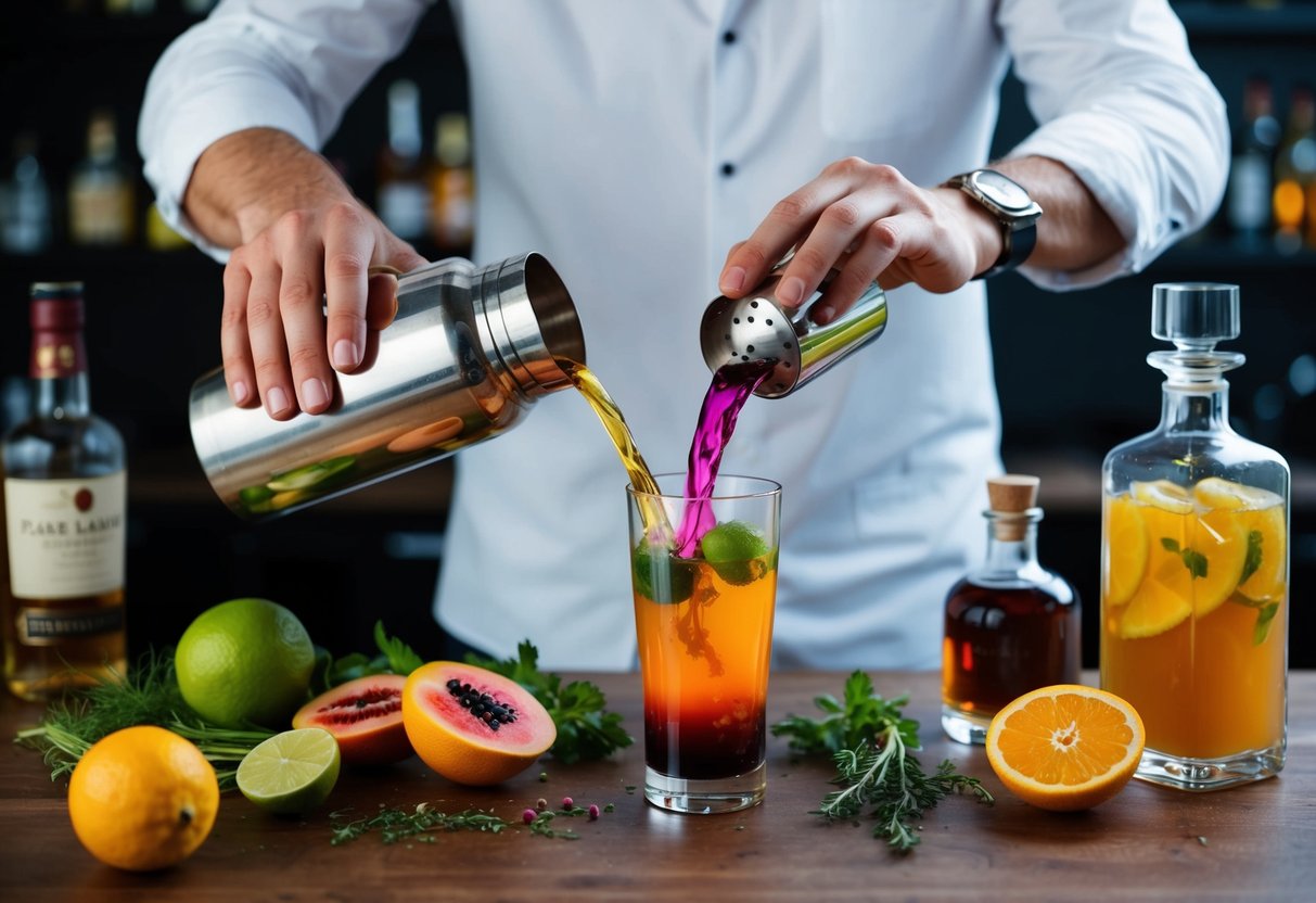 A mixologist carefully pours various colorful liquids into a cocktail shaker, surrounded by fresh fruits, herbs, and bottles of liquor