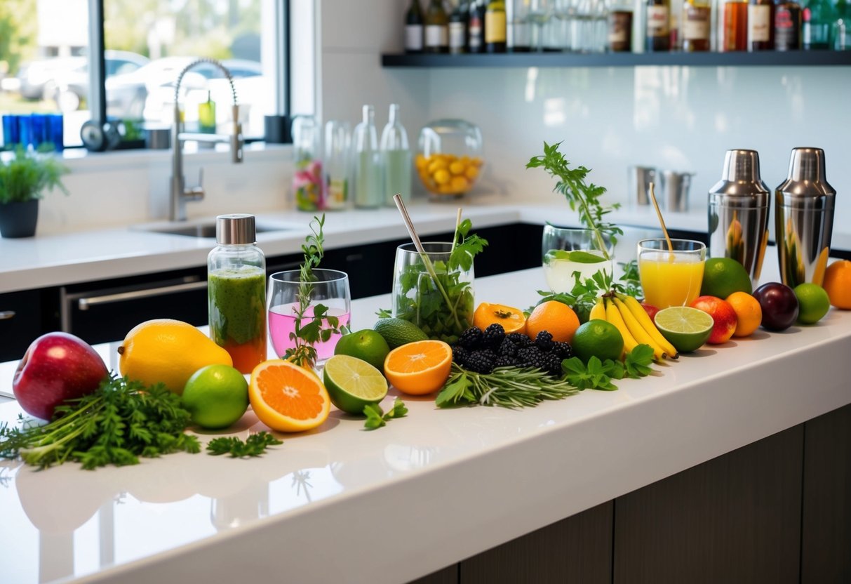 A colorful array of fresh fruits, herbs, and mixers arranged on a clean, modern bar counter, with various glassware and cocktail shakers nearby