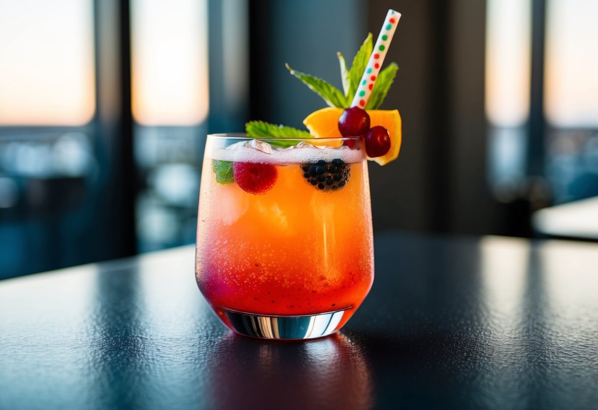 A glass filled with a colorful mocktail, garnished with fresh fruit and a decorative straw. The drink has a fizzy texture, with bubbles rising to the top