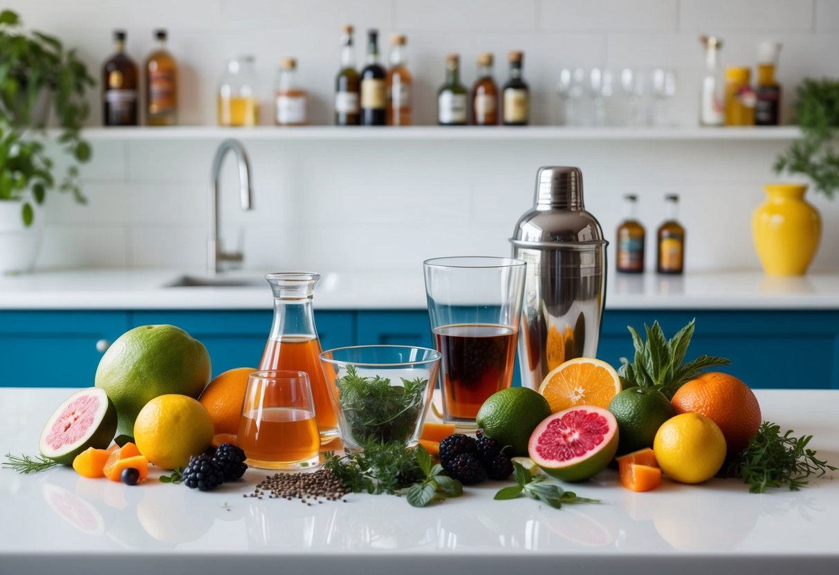 A colorful array of fresh fruits, herbs, and syrups surround a mixing glass, shaker, and muddler on a clean, white countertop