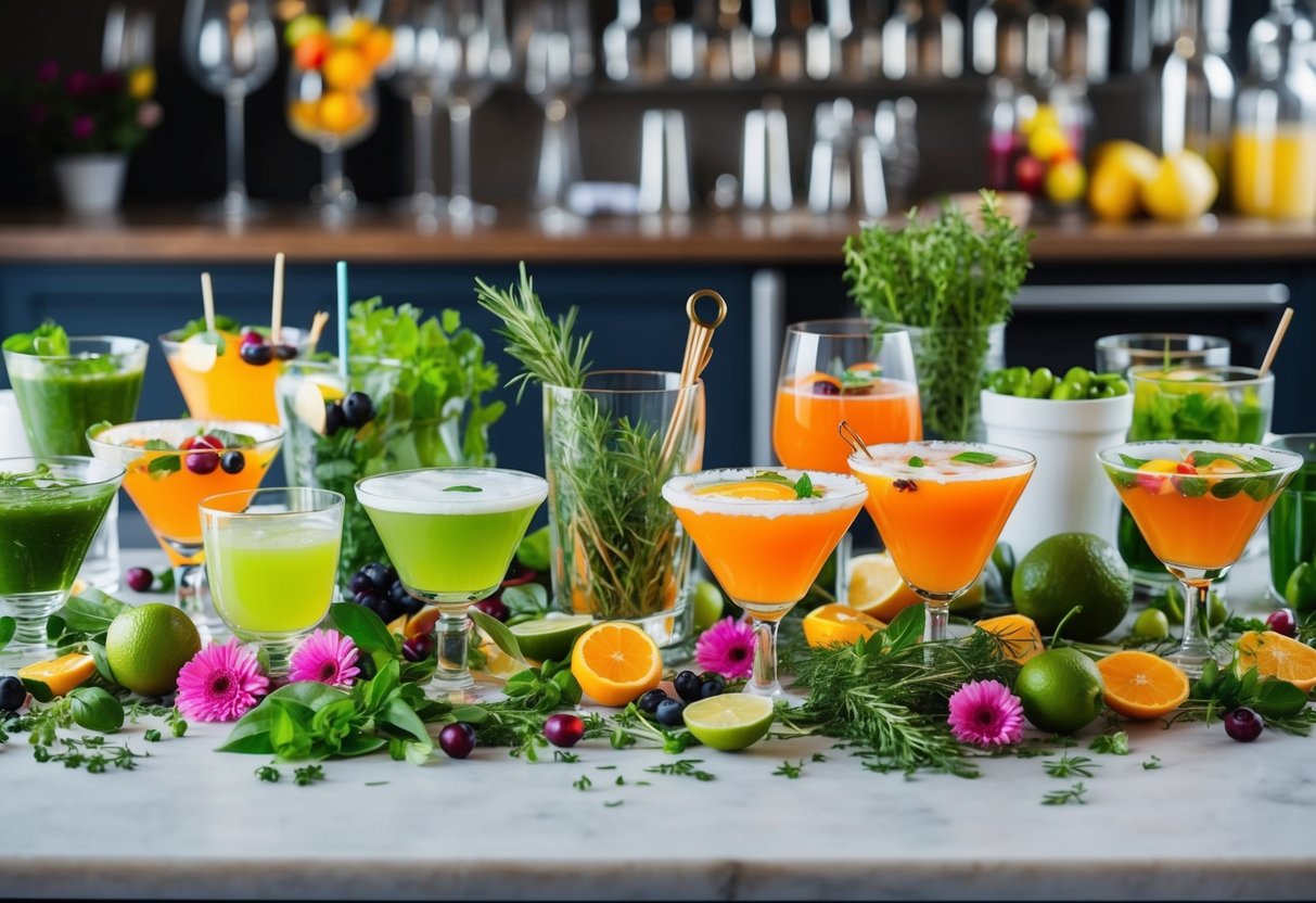 A table scattered with fresh herbs, fruits, and flowers. A variety of glassware and cocktail tools arranged neatly. Bright, colorful mocktails displayed attractively