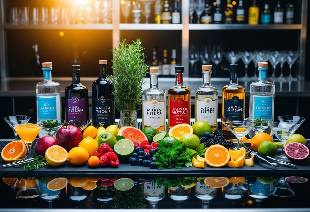 A colorful array of fresh fruits, herbs, and specialty glassware arranged on a sleek bar counter, with various mixology tools and bottles of premium non-alcoholic spirits