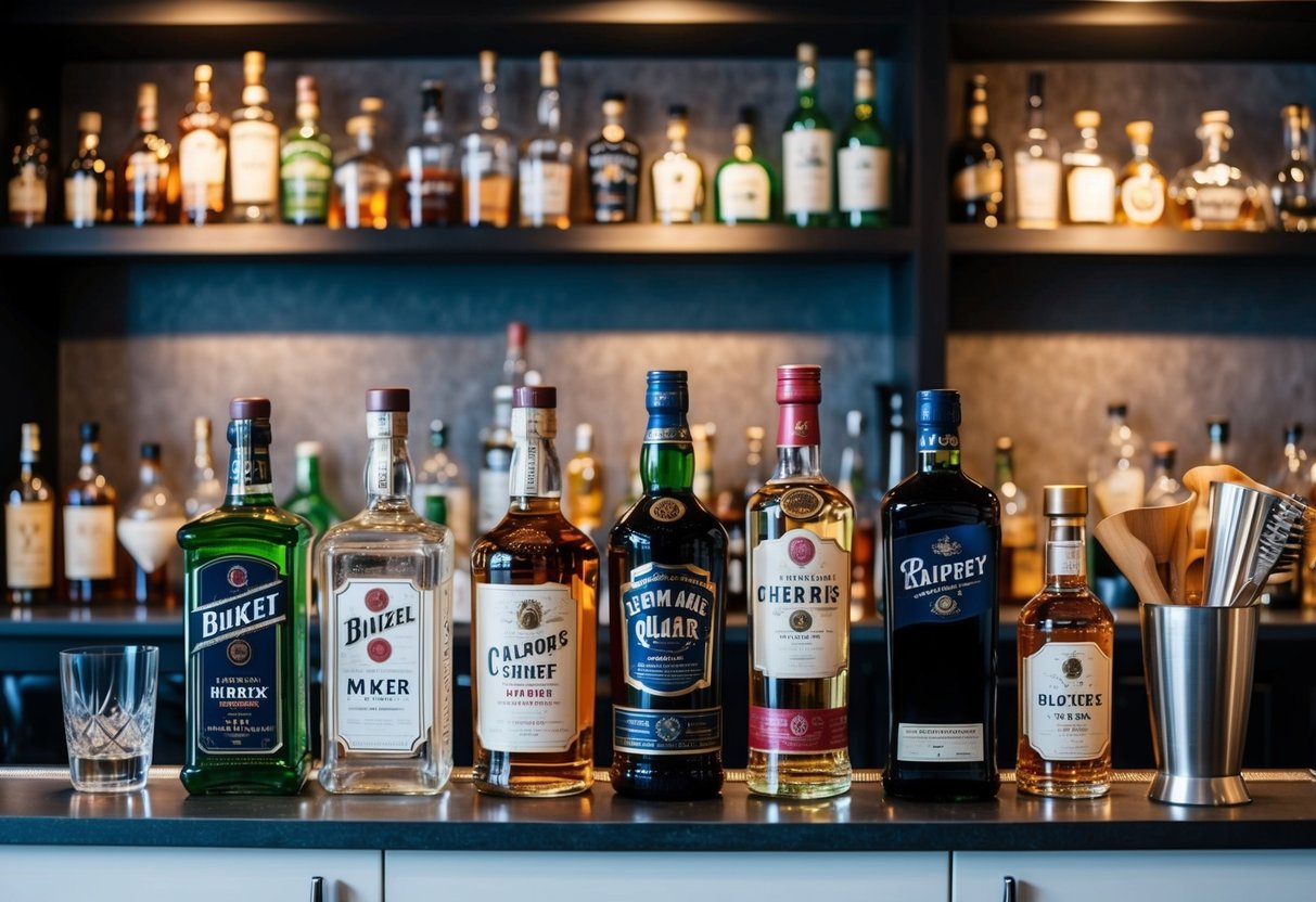 A well-stocked home bar with various types of liquor, mixers, and bar tools arranged neatly on a counter or shelf