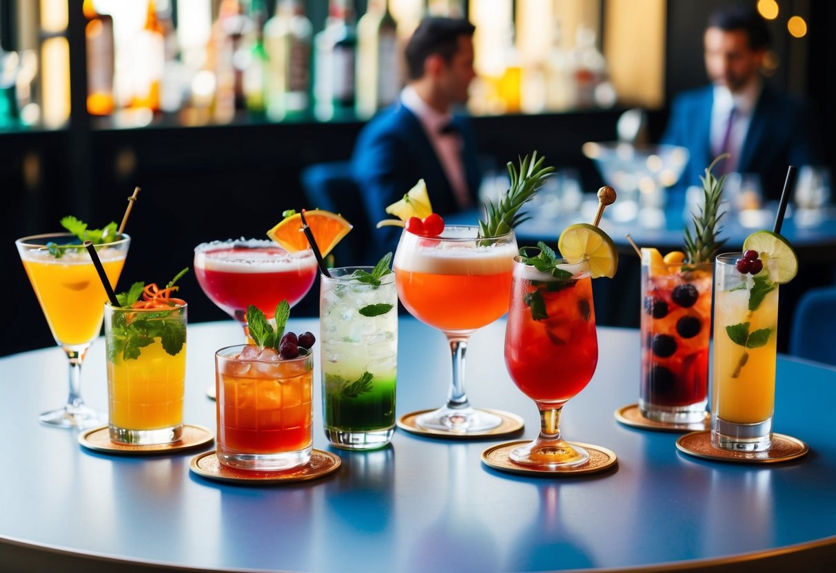 A crowded bar with shelves of liquor from around the world. A bartender expertly mixes ingredients, creating a colorful and enticing cocktail. Customers sit at the bar, enjoying their drinks