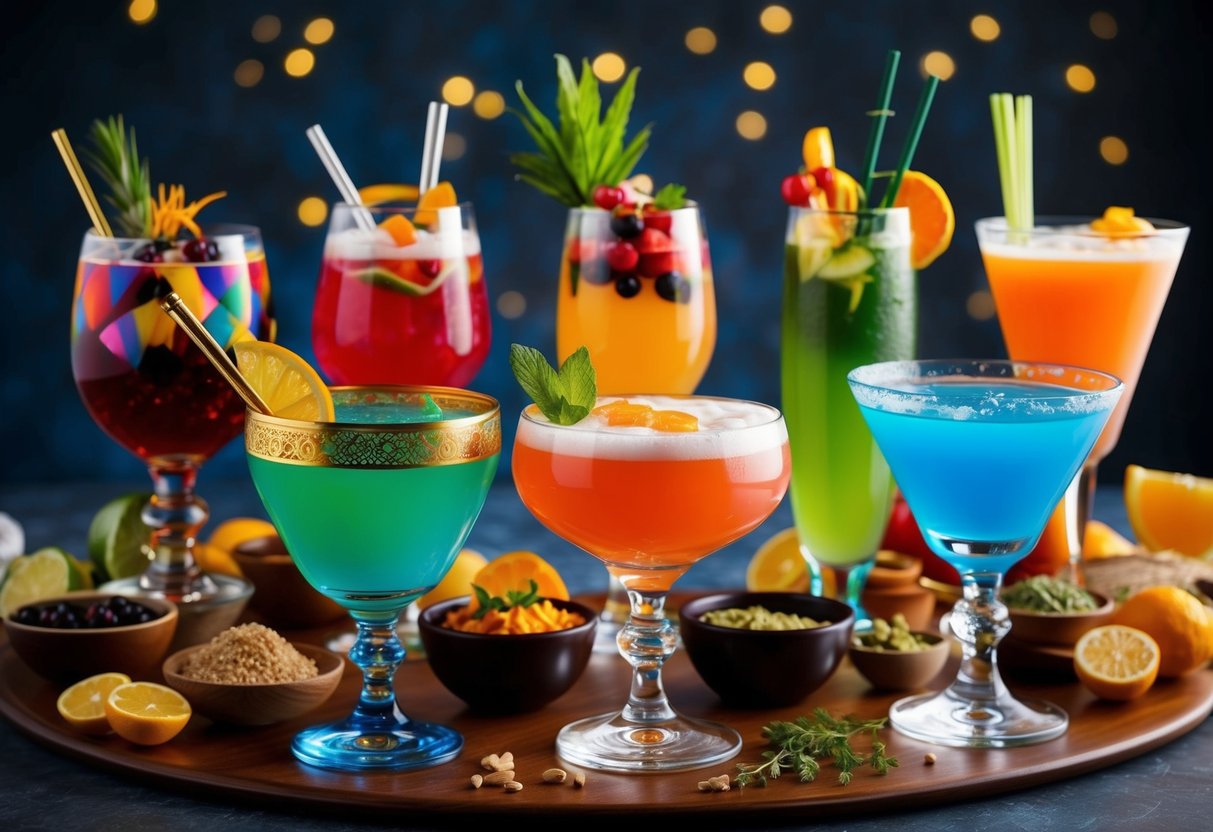 A bartender expertly mixes colorful ingredients in a shaker, surrounded by exotic fruits and various bottles of alcohol from around the world