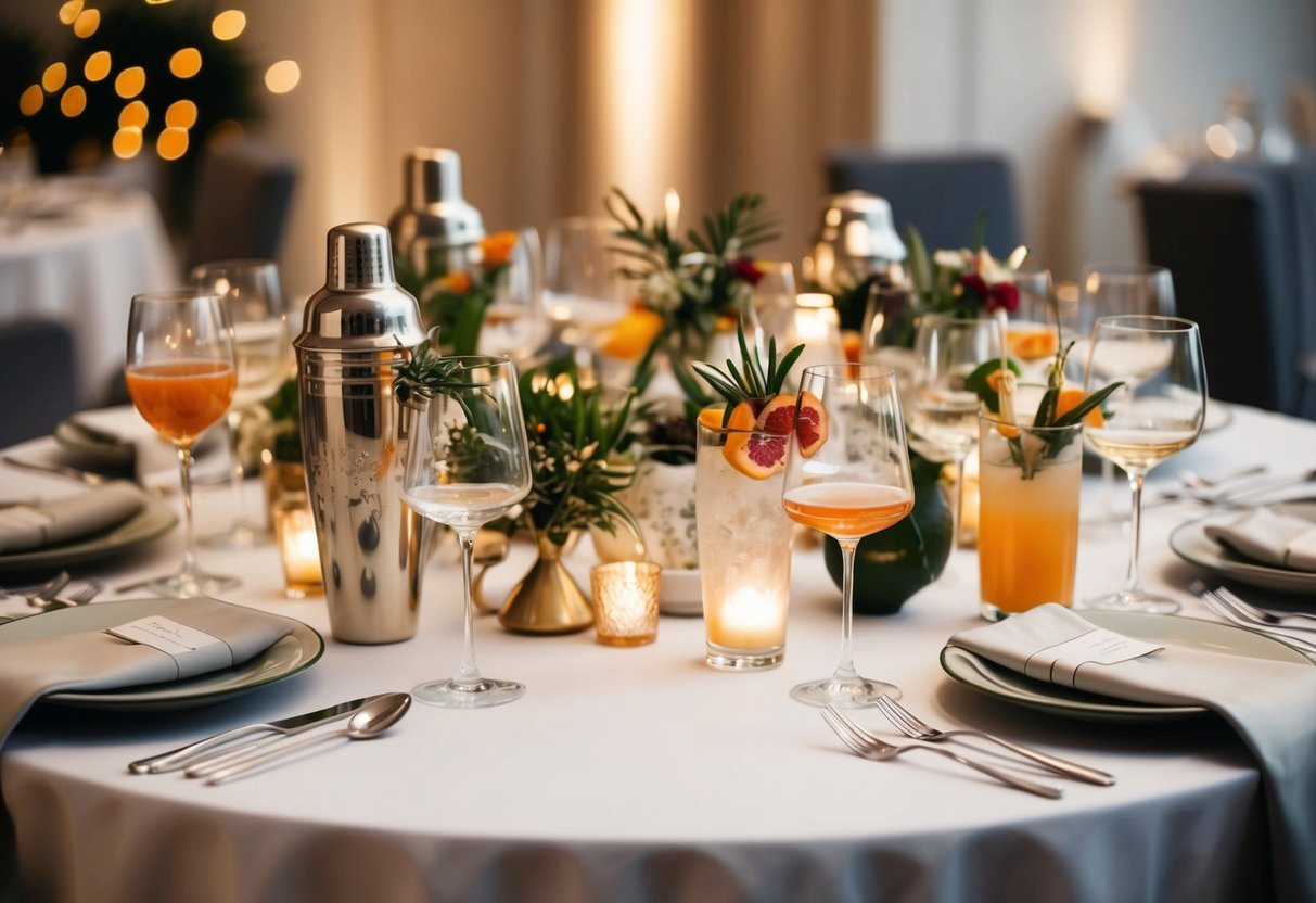 A well-dressed table with a variety of cocktail glasses, shakers, and garnishes. Soft lighting and elegant decor set the mood for a sophisticated gathering