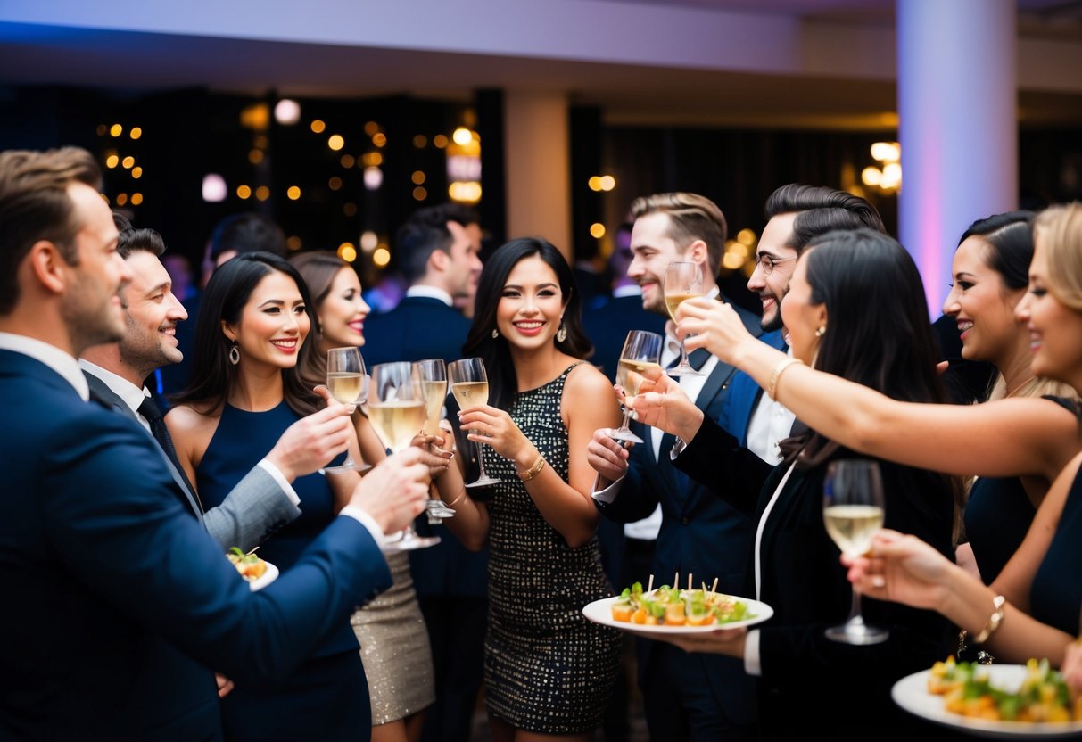 A stylish cocktail party scene with a well-dressed crowd mingling, clinking glasses, and enjoying hors d'oeuvres in a chic, dimly lit venue with soft music playing in the background