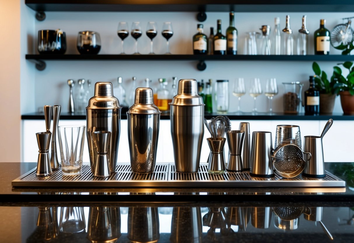 A well-stocked home bar with essential mixology tools arranged neatly on a sleek countertop, including shakers, jiggers, strainers, and a variety of glassware