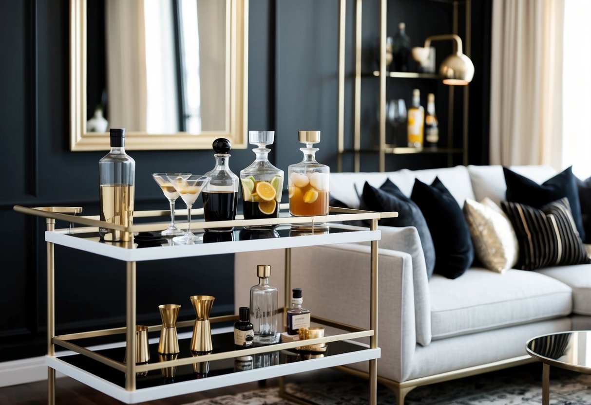 A stylish living room with a sleek bar cart, elegant glassware, and a variety of cocktail ingredients. The theme is sophisticated and modern, with a color palette of black, white, and gold