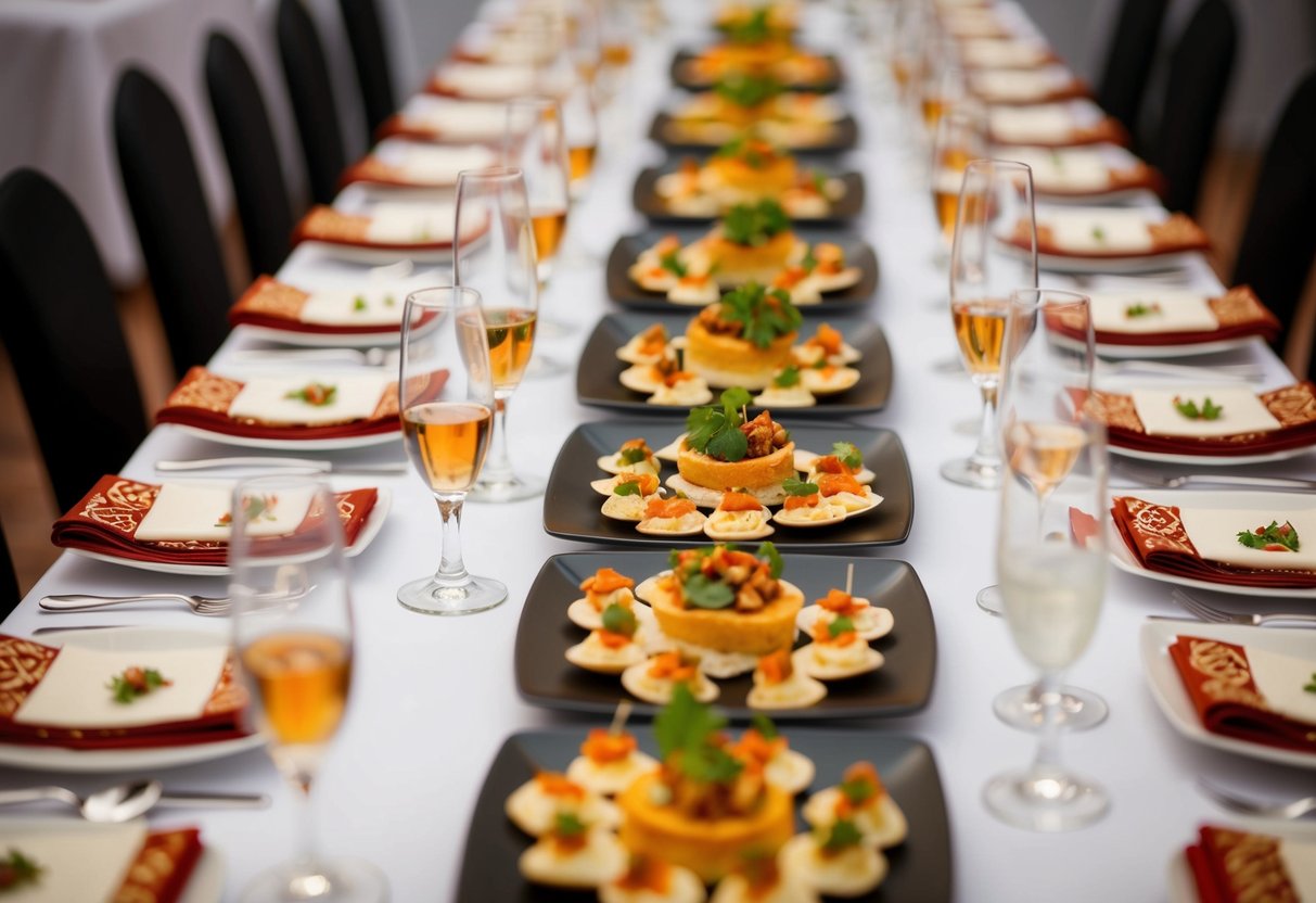 A table set with an array of bite-sized appetizers and cocktail glasses. Decorative napkins and small plates are arranged neatly alongside the food