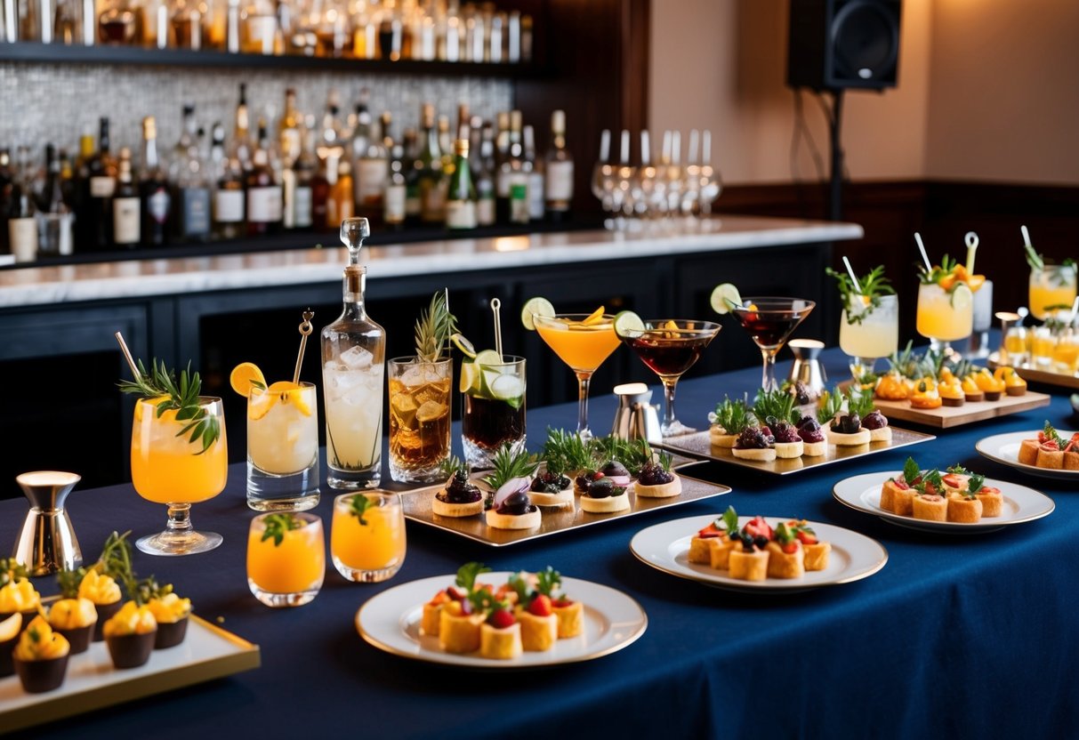 A well-stocked bar with an array of cocktail ingredients, glassware, and garnishes. Elegant serving trays and a variety of hors d'oeuvres spread out on a table. Music playing in the background, creating a lively and inviting atmosphere