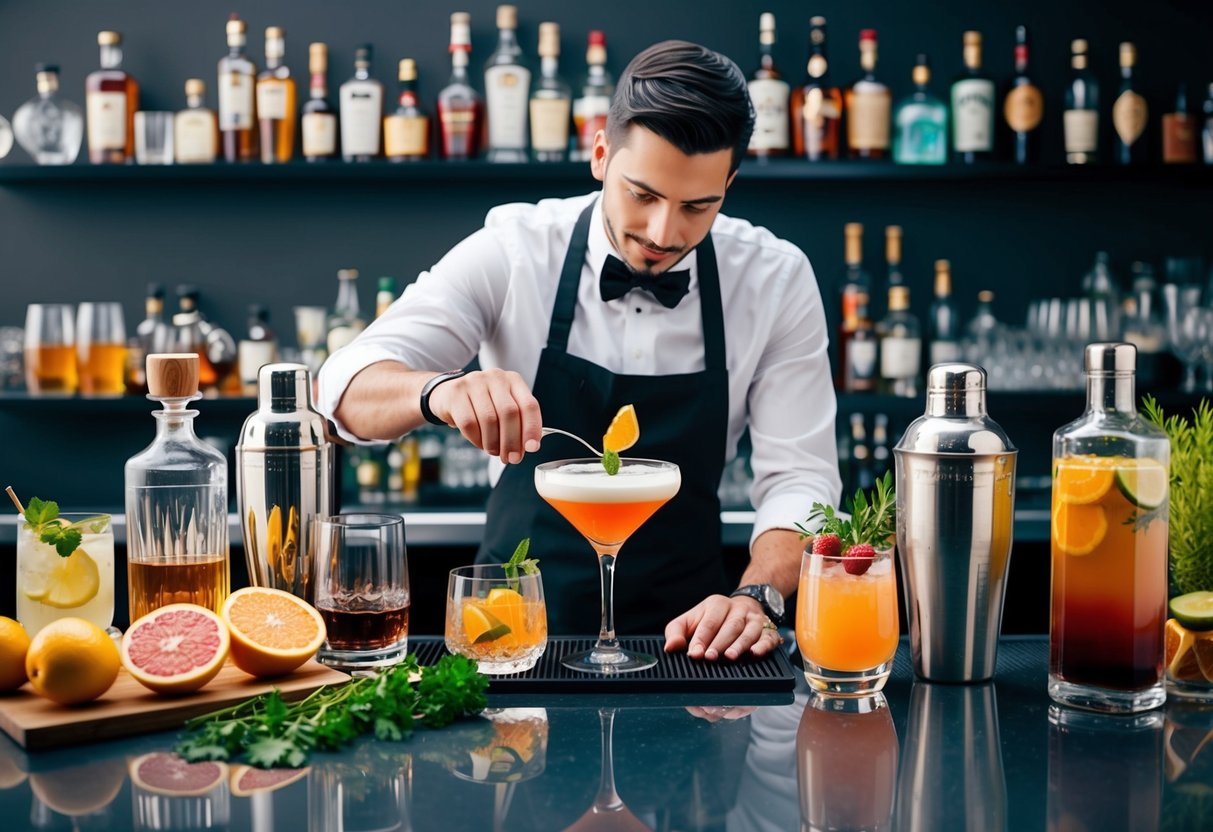 A well-stocked bar with various liquor bottles, shakers, and glassware. A mixologist expertly crafts classic cocktails, surrounded by fresh fruits and herbs