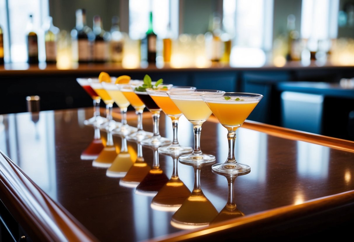 A clean, well-lit bar with a polished wooden surface. A row of classic cocktail glasses, each filled with a different garnished drink