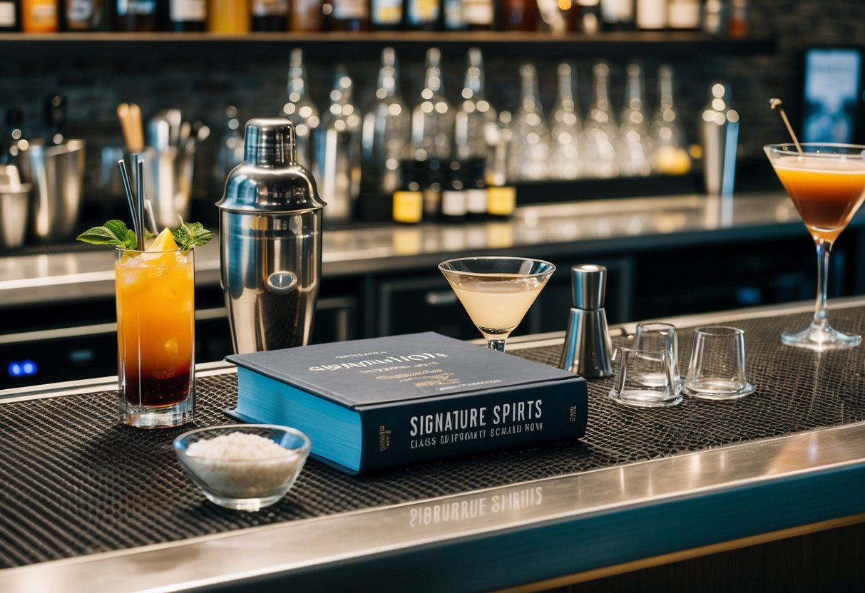 A bar counter adorned with various cocktail ingredients, shakers, and glassware. A book titled "Signature Spirits Classic Cocktails Every Mixologist Should Know" sits prominently on the counter