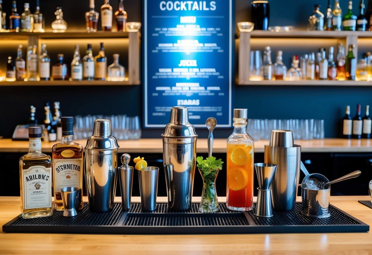 A well-stocked bar with various liquor bottles, shakers, and garnishes. A mixologist's toolkit including jiggers, strainers, and stirring spoons. A menu board displaying classic cocktail names