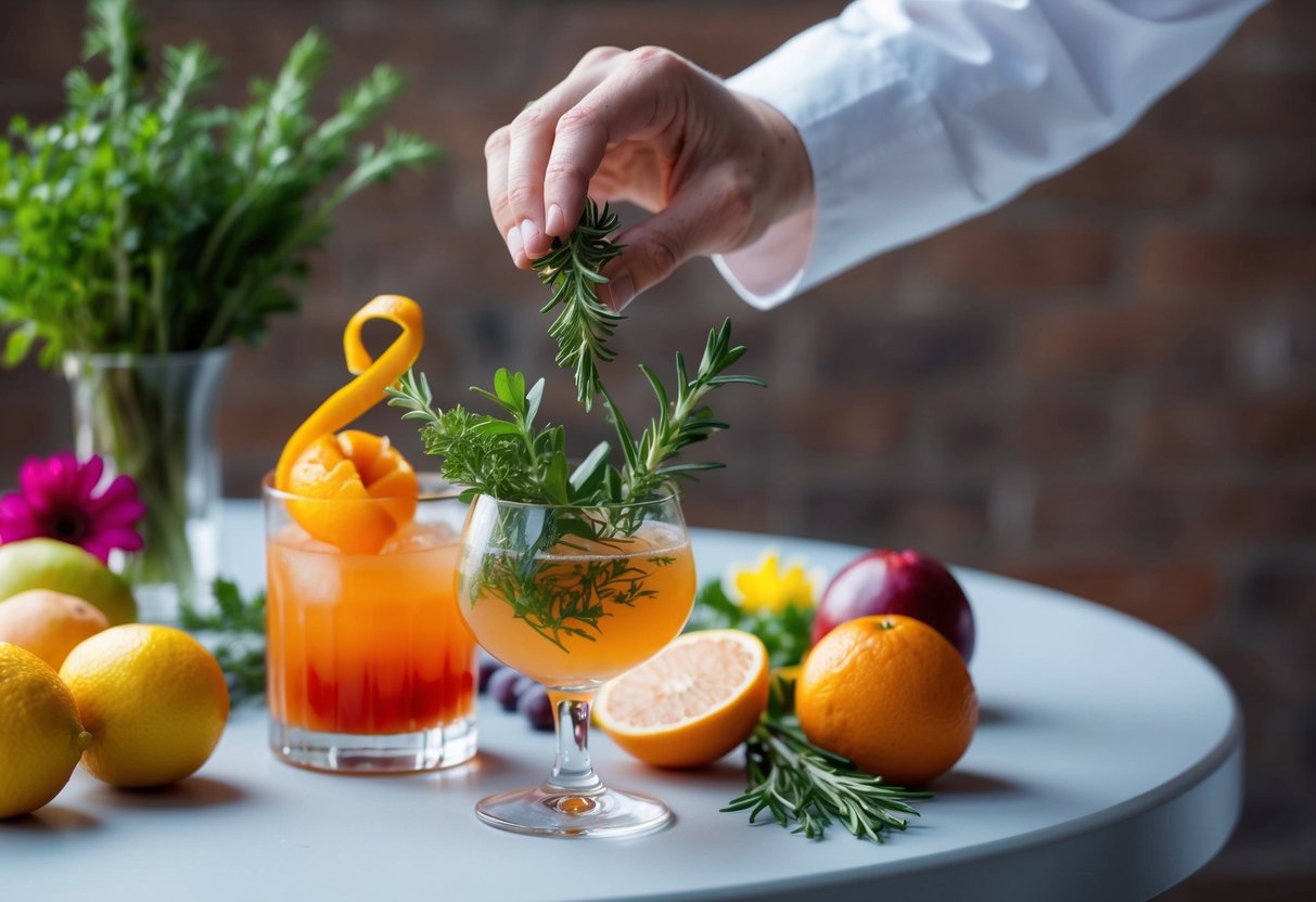 A hand reaches for a sprig of fresh herbs, while a citrus peel curls over a glass of cocktail. A selection of colorful fruits and flowers are laid out on a table