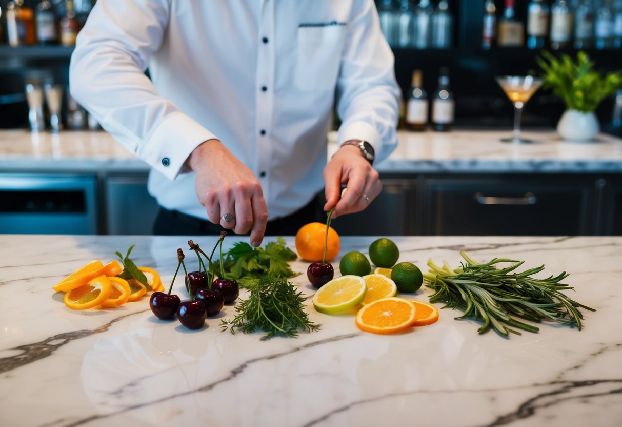 A bartender meticulously arranges a variety of classic garnishes on a sleek, marble countertop, including citrus twists, cocktail cherries, and fresh herbs