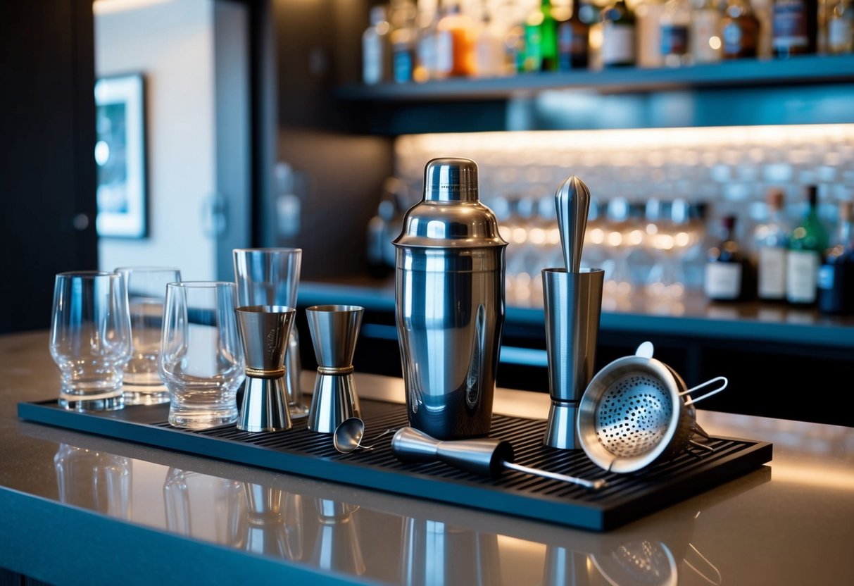 A well-stocked home bar with various tools and glassware neatly arranged on a sleek countertop. A cocktail shaker, jigger, muddler, and strainer are prominently displayed