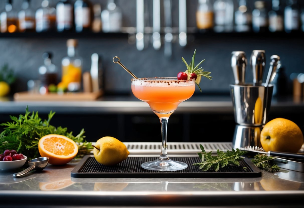 A handcrafted cocktail with a decorative garnish sits on a sleek bar counter, surrounded by fresh fruits, herbs, and stylish bar tools