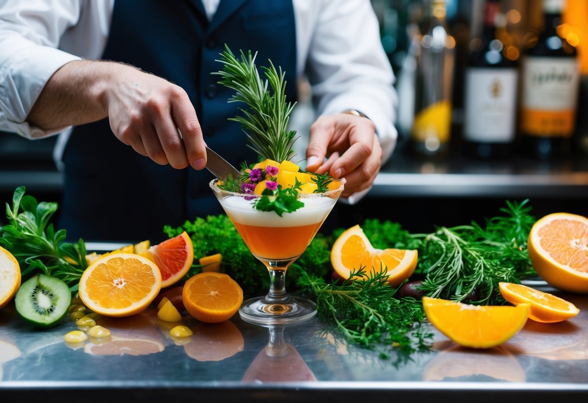 A bartender carefully selects fresh herbs and fruits, expertly slicing and arranging them to create an intricate and visually stunning garnish for a cocktail. The vibrant colors and textures create a sensory feast for the eyes