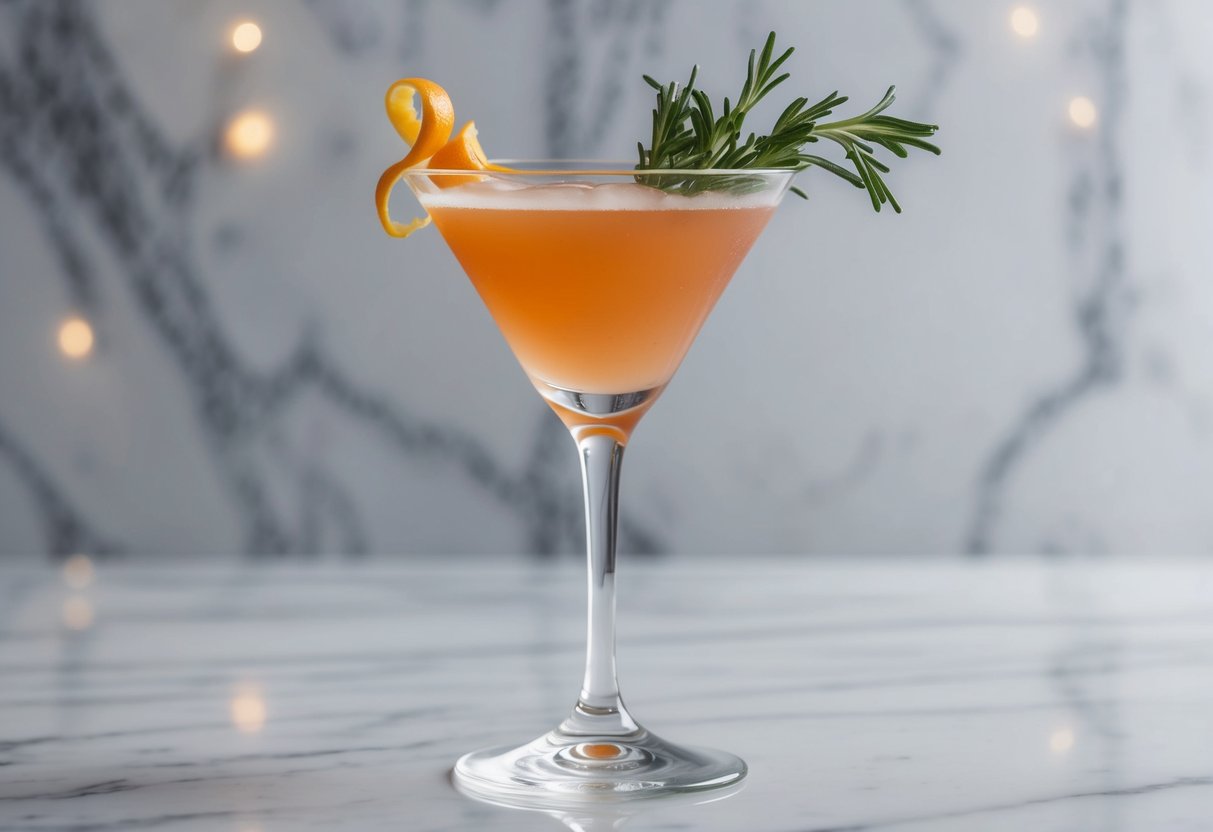 A sleek cocktail glass sits on a marble table, adorned with a meticulously crafted garnish. A sprig of fresh herbs and a delicate twist of citrus peel add a touch of elegance to the drink