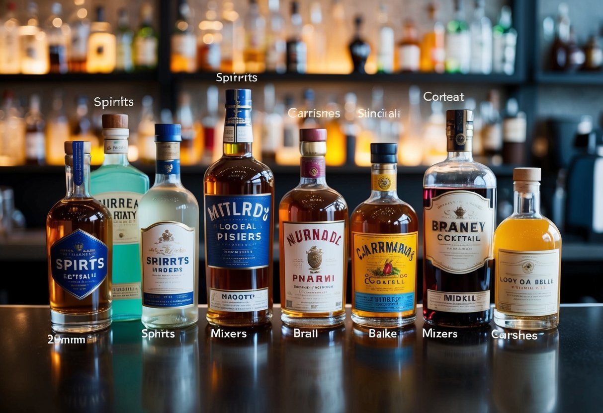 A collection of essential cocktail ingredients, such as various spirits, mixers, and garnishes, arranged on a bar or table, with each item labeled to indicate its role in creating a great cocktail