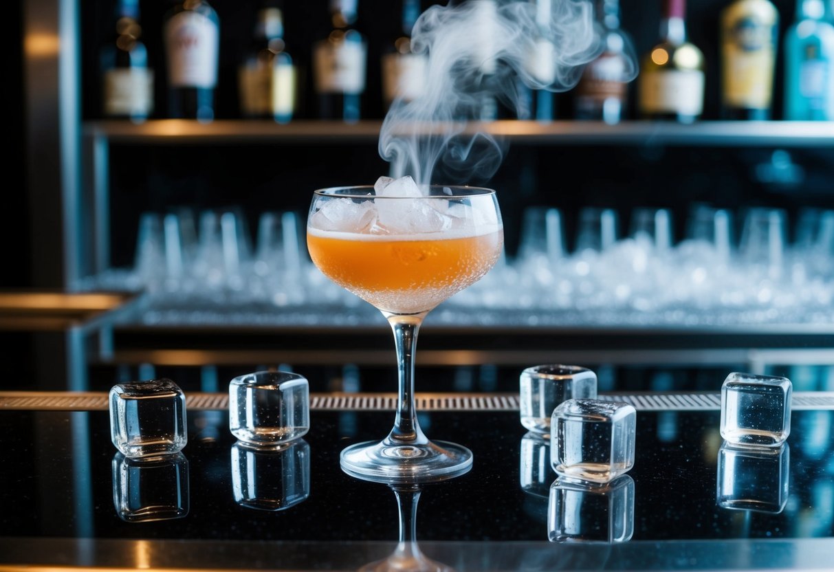 A frosty cocktail glass sits on a gleaming bar top, surrounded by glistening ice cubes. A swirling mist rises from the glass, evoking a sense of mystery and allure