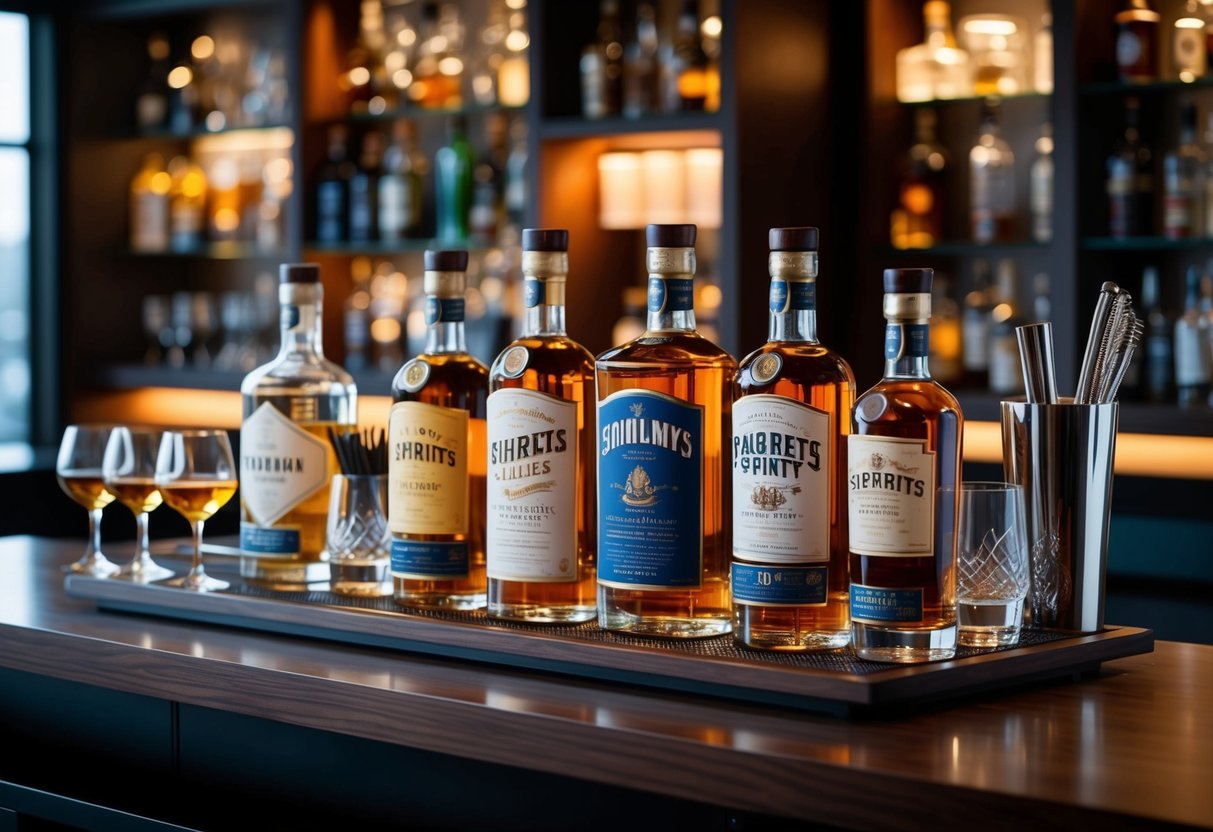 A collection of various spirits displayed on a sleek, wooden bar top with elegant glassware and bar tools neatly arranged nearby