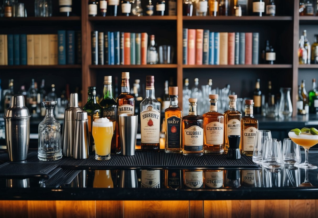 A cluttered bar top with various bottles, shakers, and glassware. A mix of classic and modern spirits displayed. A bookshelf filled with cocktail recipe books in the background