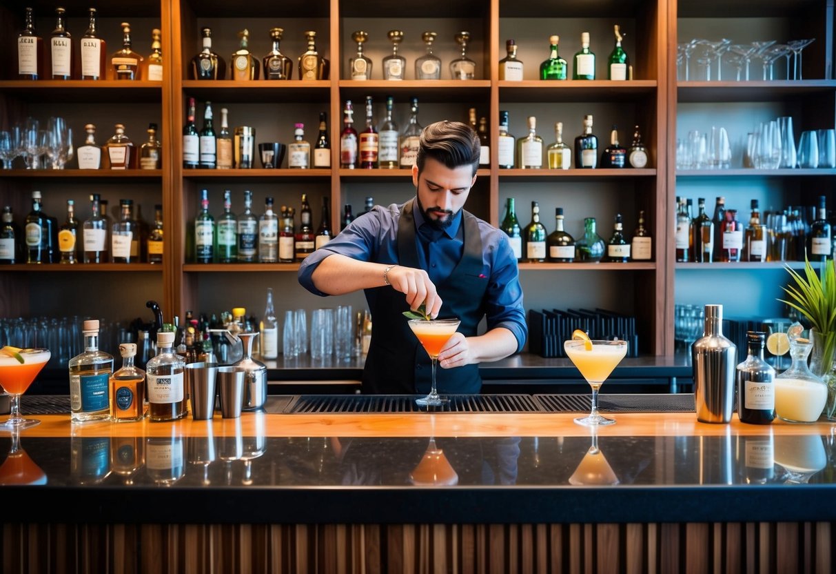 A beautifully arranged cocktail bar with an array of spirits, mixers, and garnishes. Shelves lined with bottles and glassware. A bartender meticulously crafting a cocktail with precision and care