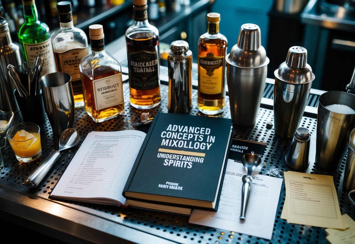 A cluttered bar top with various bottles of spirits, cocktail shakers, and mixing tools. A book titled "Advanced Concepts in Mixology Understanding Spirits" sits open, surrounded by notes and recipe cards