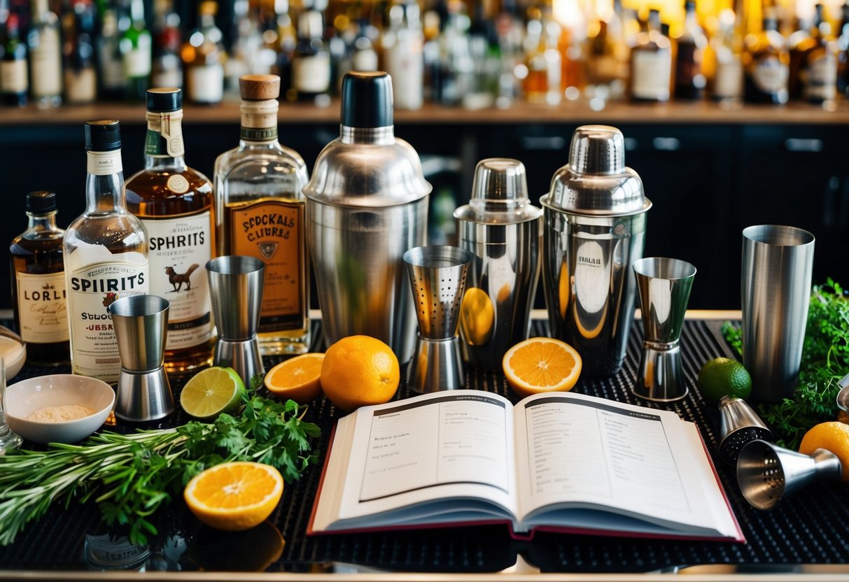 A cluttered bar top with various spirits bottles, shakers, strainers, and jiggers. A cocktail recipe book lies open, surrounded by citrus fruits and fresh herbs