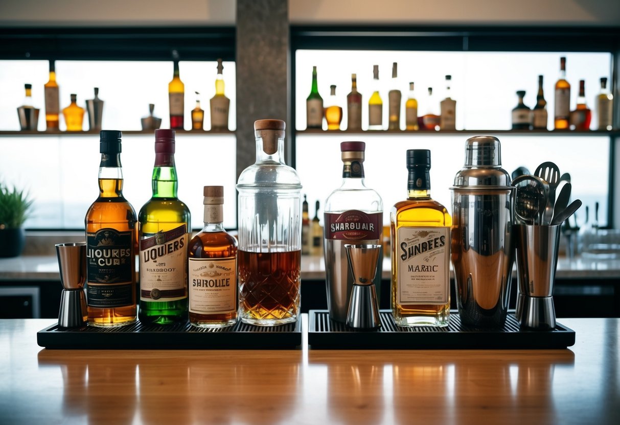 A neatly organized home bar setup with various bottles of spirits and liqueurs, alongside essential mixology tools such as shakers, jiggers, and strainers