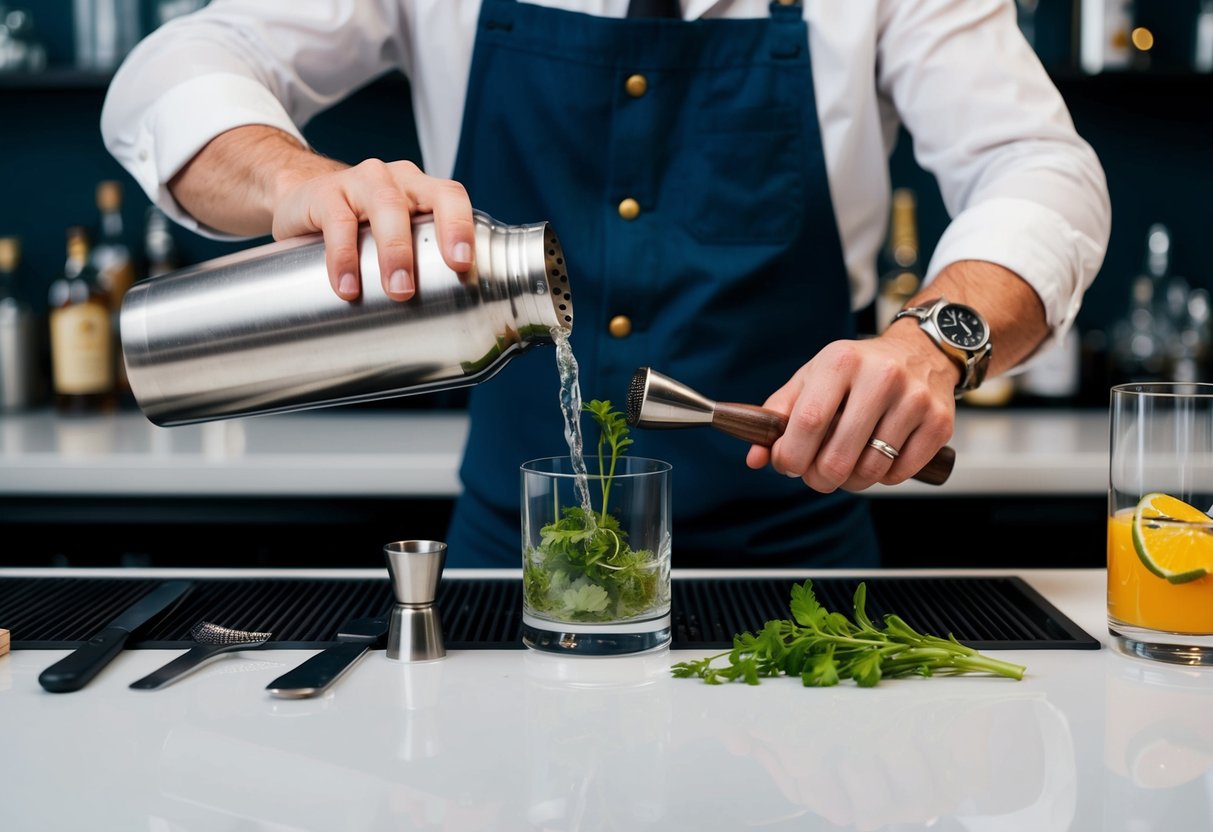 A cocktail shaker and bar spoon sit on a marble countertop, surrounded by fresh fruit, herbs, and bottles of alcohol. A muddler and strainer complete the set of mixology tools