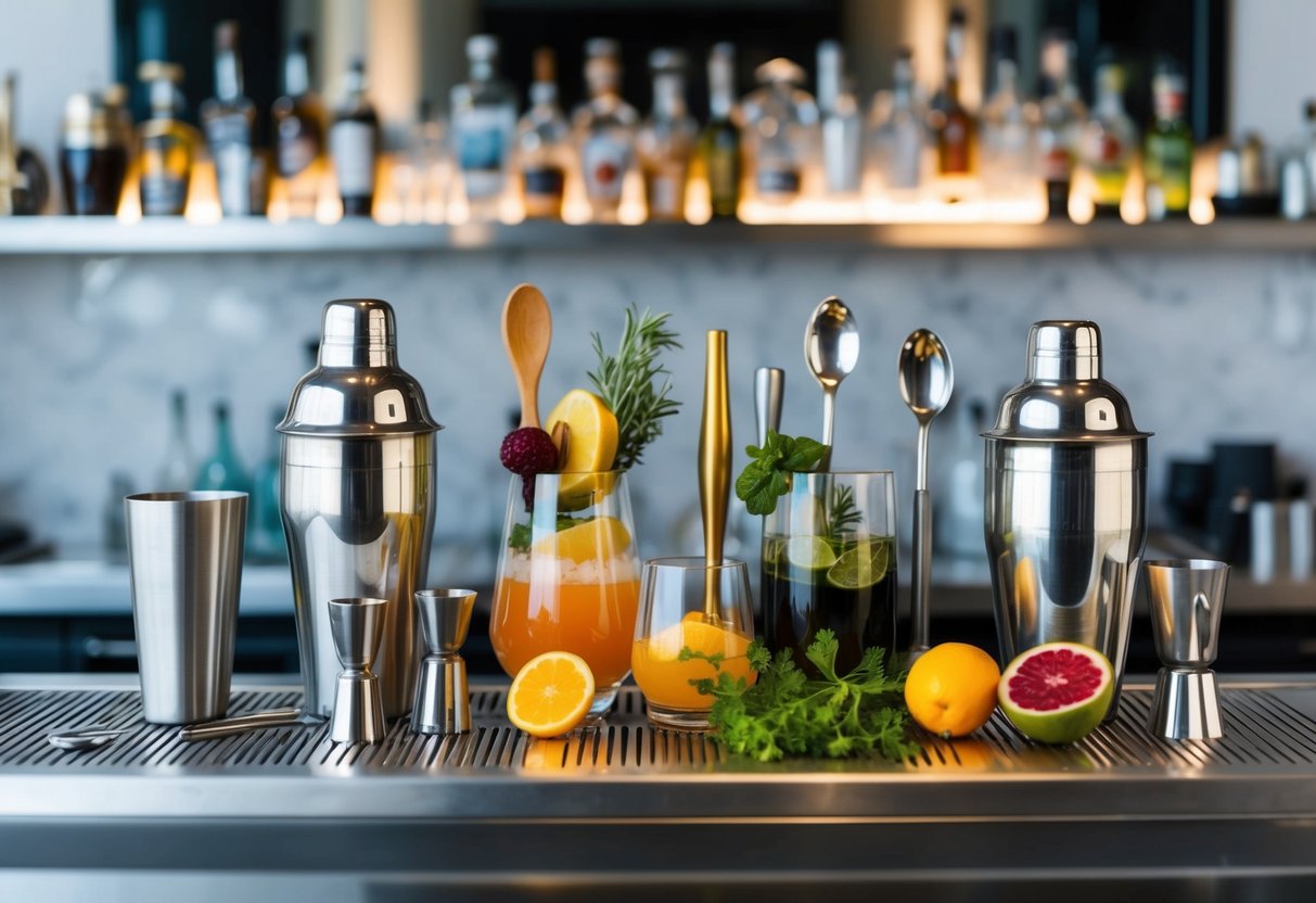 A variety of cocktail tools and ingredients arranged on a sleek, modern bar top, including shakers, stirring spoons, muddlers, and fresh fruits and herbs