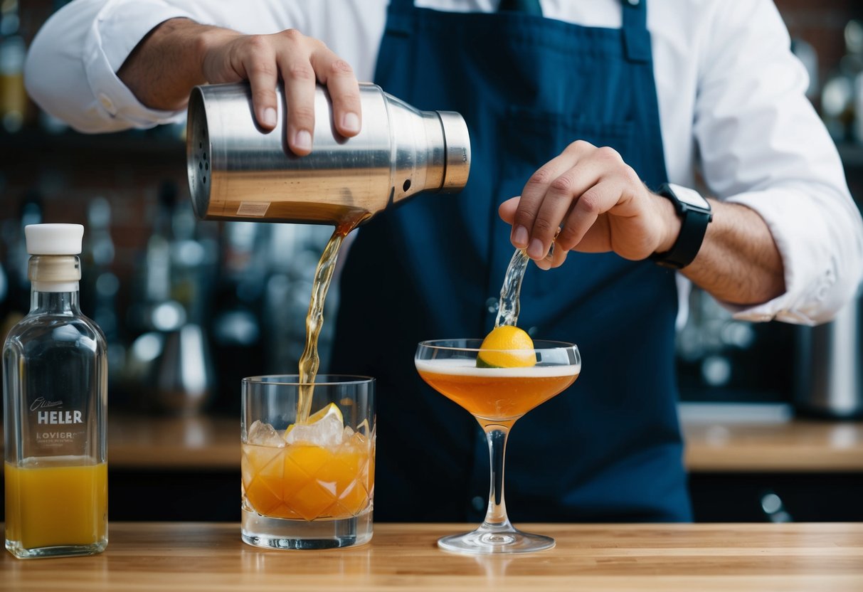 A mixologist carefully pours various liquids into a cocktail shaker, using precise measurements and a steady hand to create a harmonious blend of flavors