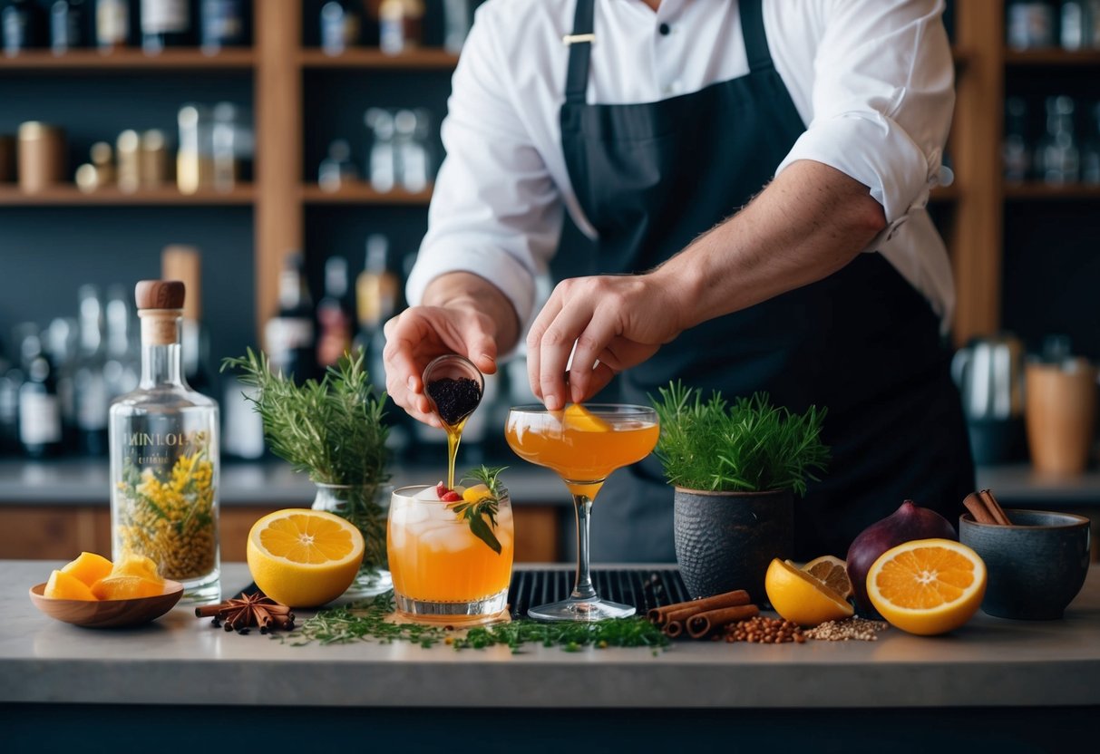 Aromatics being added to a cocktail with a dropper, surrounded by various tools and ingredients on a bar counter