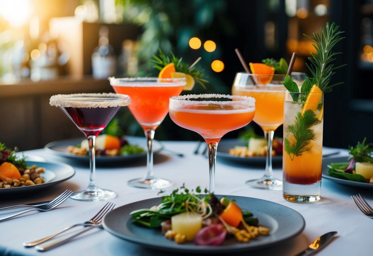 A table set with vibrant cocktails and various dishes, showcasing a range of textures and aromas. A guidebook lies open, detailing the art of pairing cocktails with food