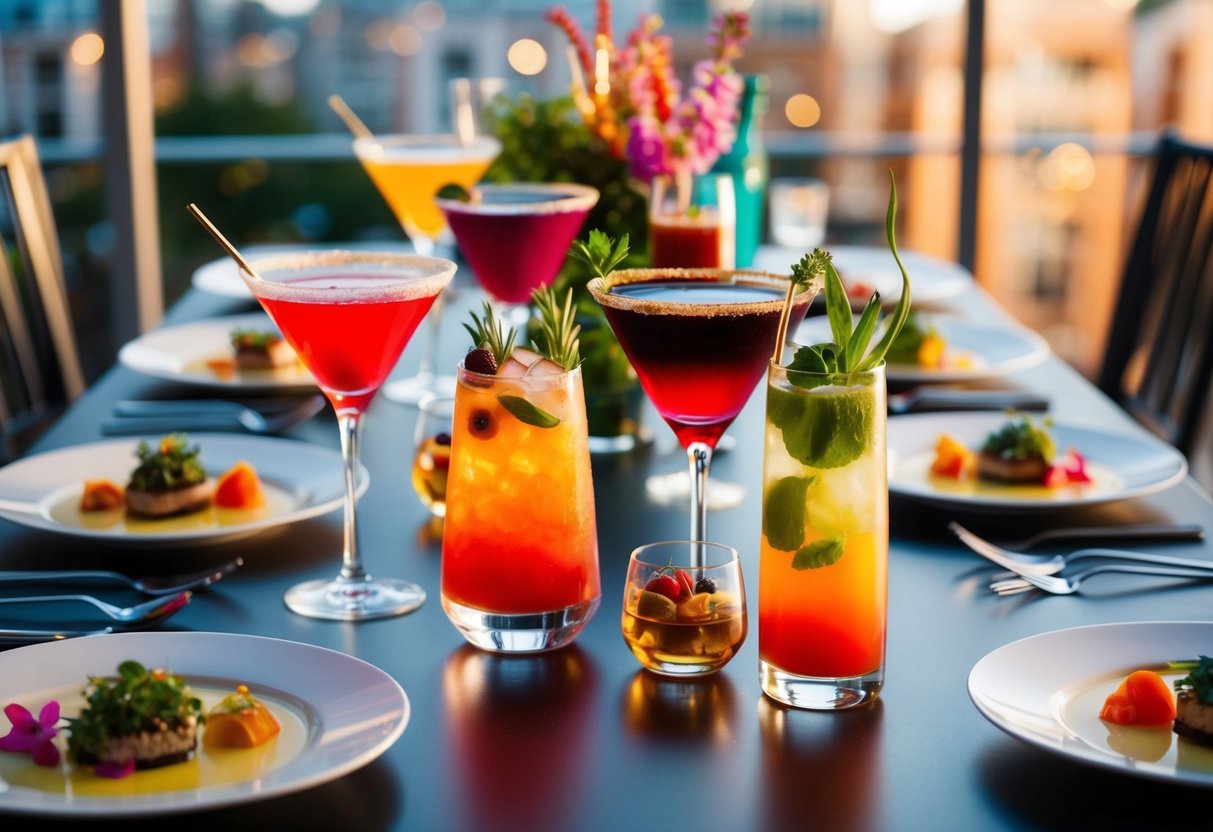 A table set with an array of colorful cocktails and gourmet dishes, carefully paired to enhance flavors. A mix of vibrant ingredients and elegant glassware creates a visually appealing scene