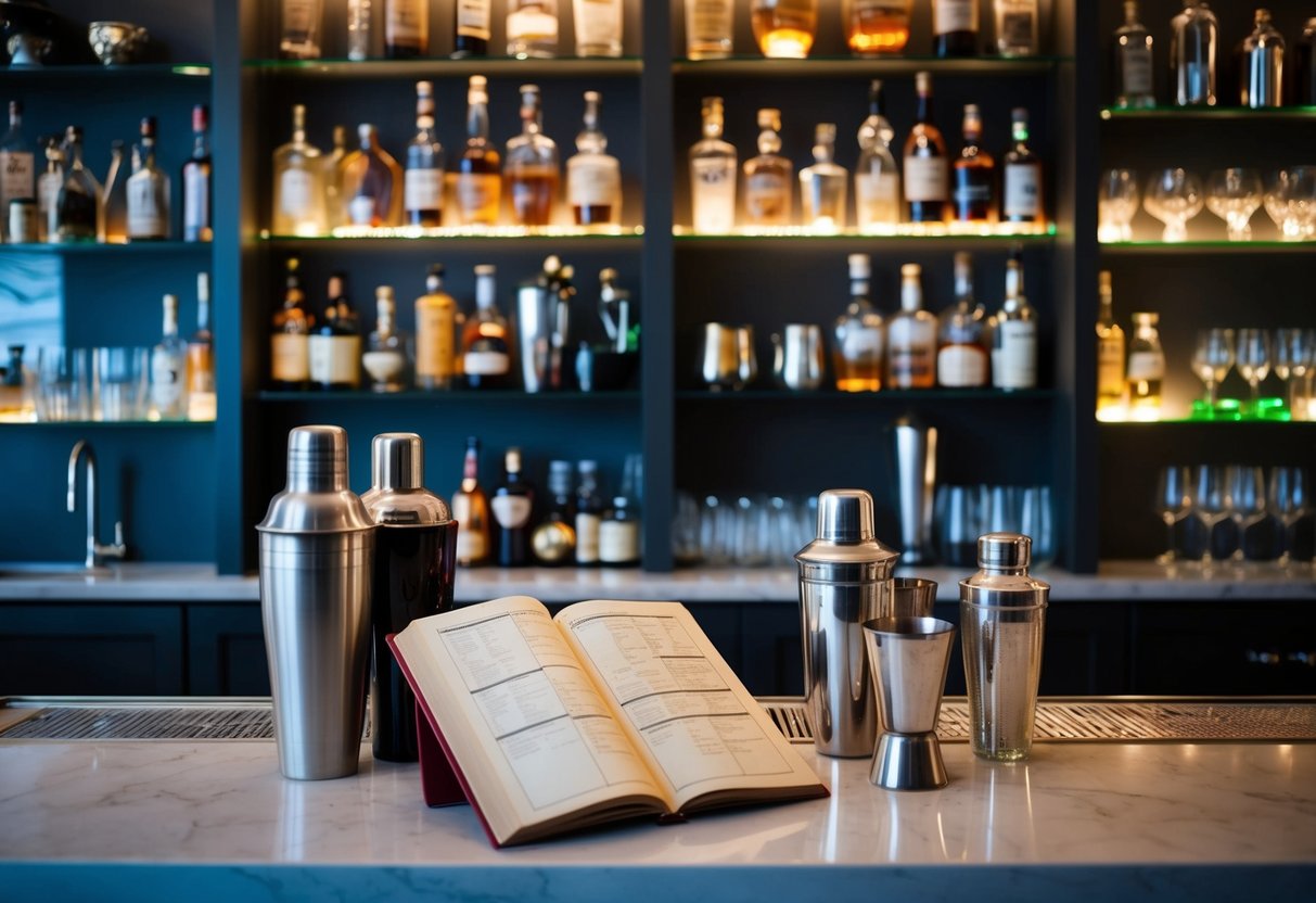 A well-stocked bar with various bottles, shakers, and glassware. A mix of classic and modern cocktail ingredients displayed on shelves. A vintage cocktail recipe book open on the counter