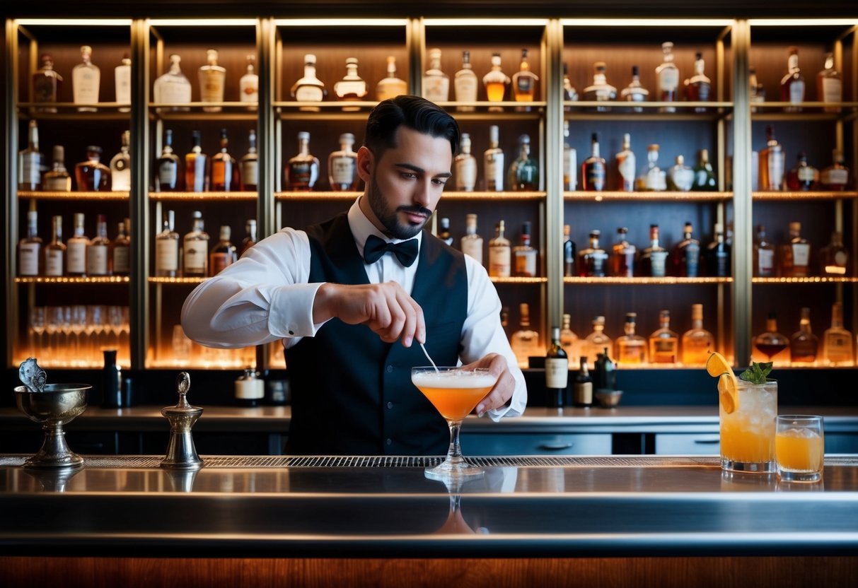 A dimly lit speakeasy with a polished bar, shelves of vintage spirits, and a bartender expertly mixing a classic cocktail