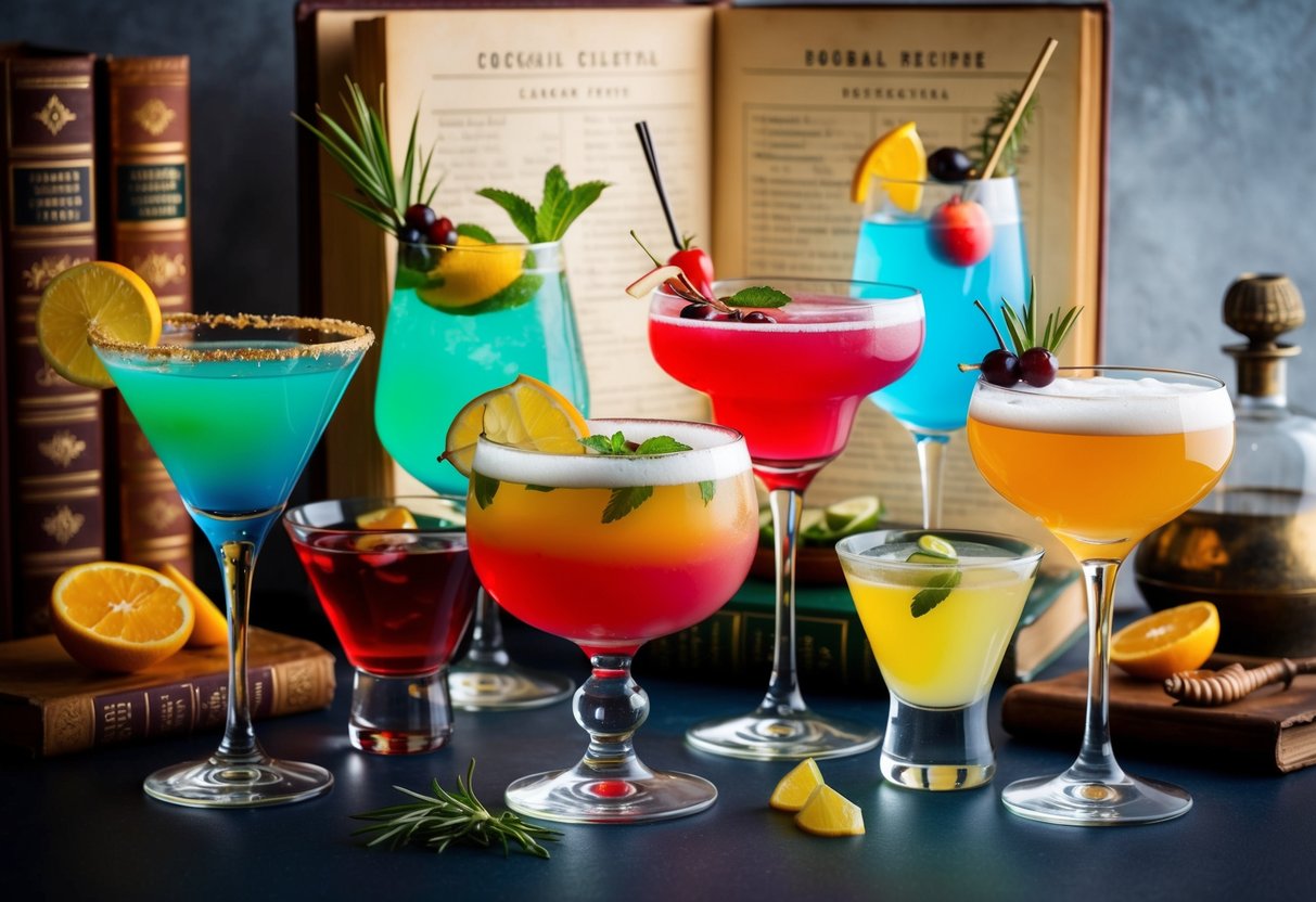 A collection of colorful and exotic cocktails from around the world, each with unique garnishes and glassware, set against a backdrop of vintage cocktail recipe books and historical artifacts