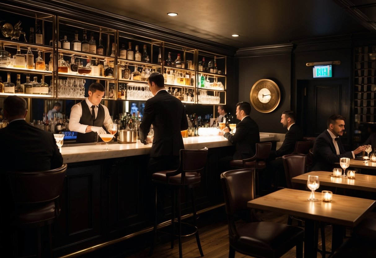 A dimly lit speakeasy bar with a bartender mixing cocktails behind the counter. Patrons sit at intimate tables, sipping on their drinks as jazz music fills the air