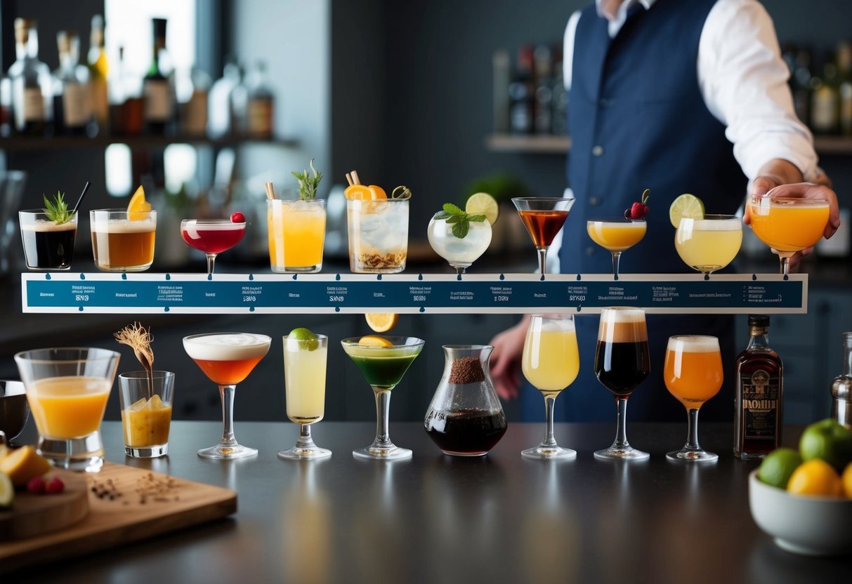 A timeline of cocktail evolution, from ancient times to modern mixology, with various historical elements and ingredients showcased