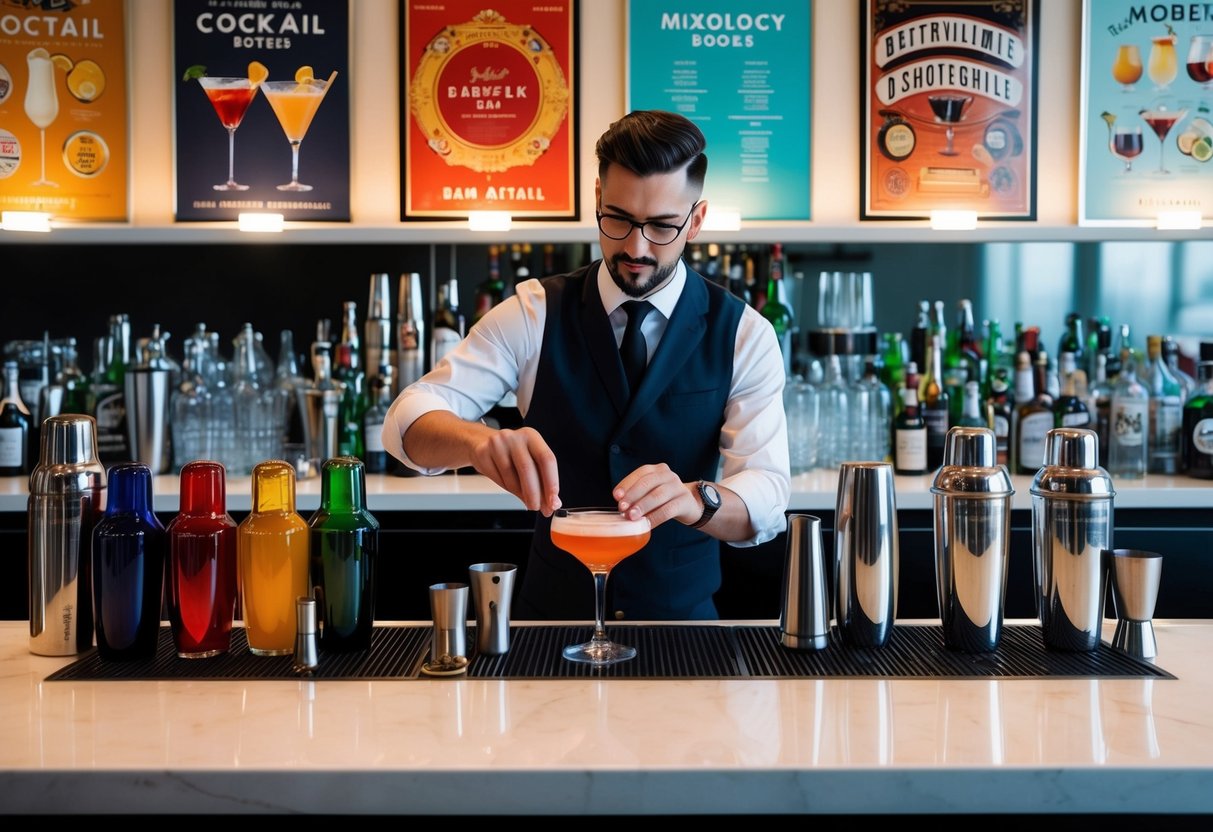 A sleek bar with rows of colorful bottles, shakers, and various bar tools. A bartender expertly crafts a cocktail, surrounded by a backdrop of vintage cocktail posters and modern mixology books