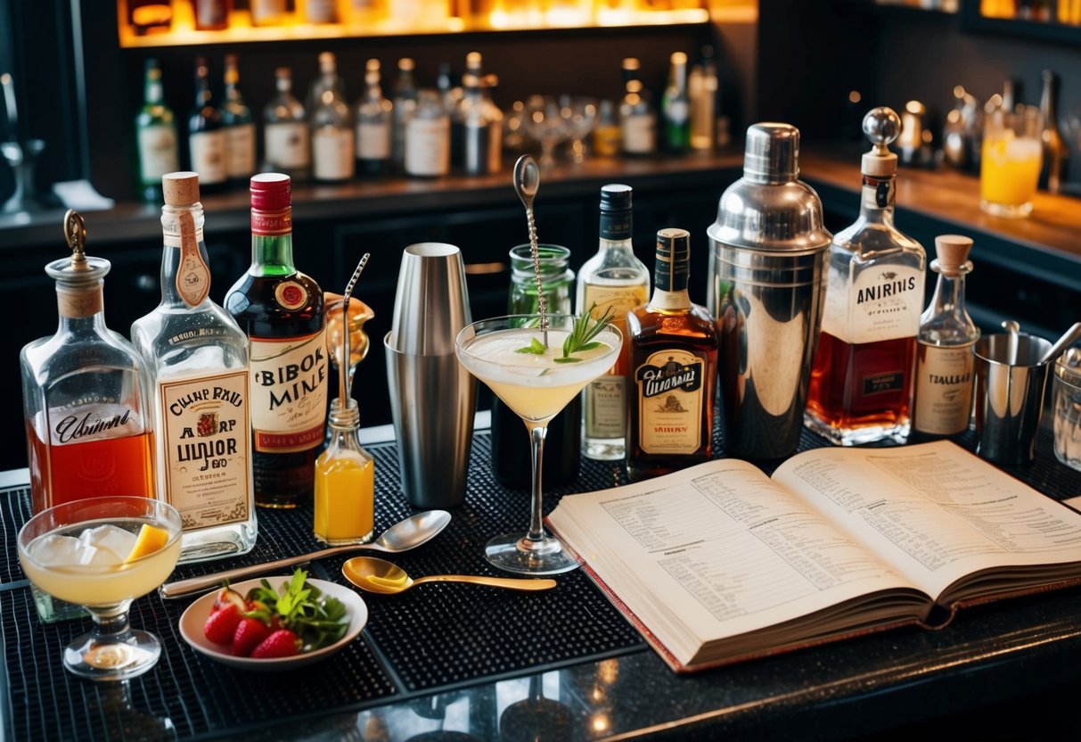 A cluttered bar top with various liquor bottles, mixers, and bar tools. A cocktail shaker, stirring spoon, and garnishes are arranged neatly. A vintage cocktail recipe book sits open nearby