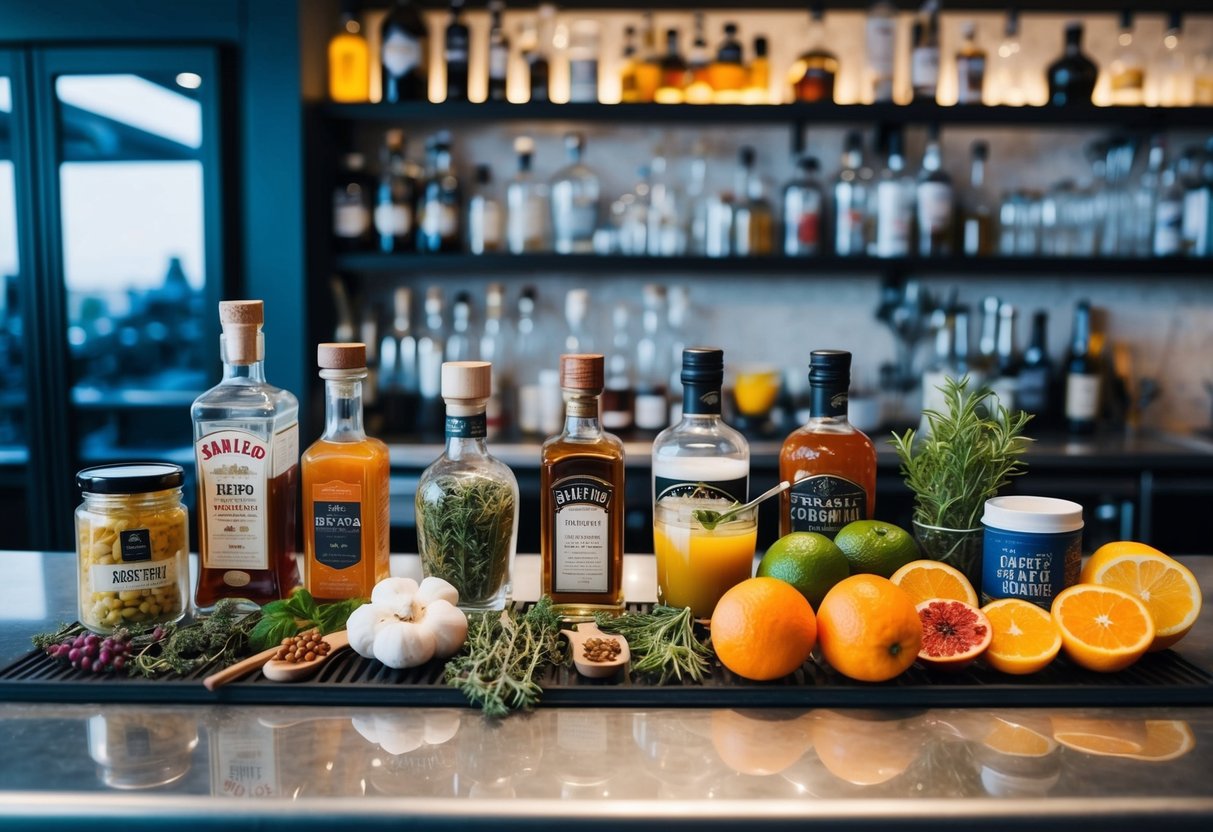 A variety of aromatic ingredients, such as herbs, spices, and fruits, are carefully arranged on a bar counter, ready to be used in crafting flavorful cocktails