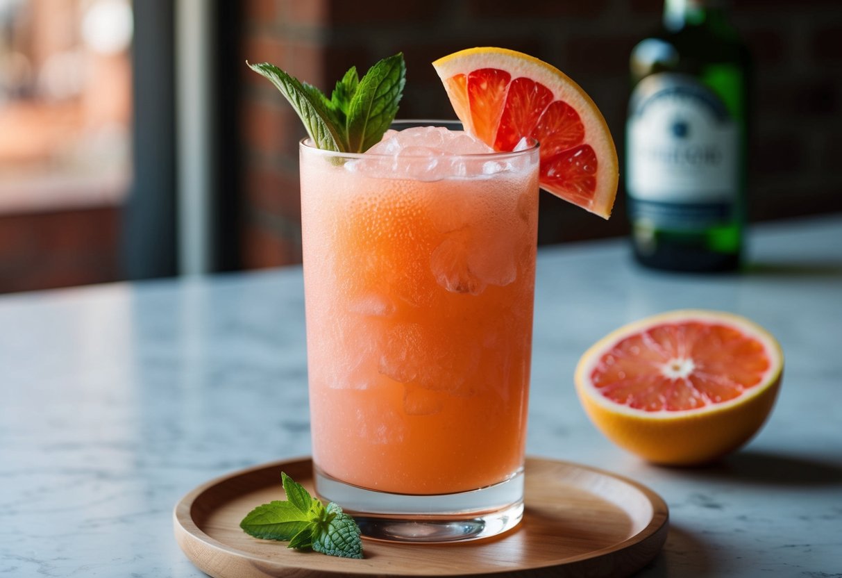 A tall glass filled with a slushy, pink grapefruit gin fizz, garnished with a slice of grapefruit and a sprig of fresh mint